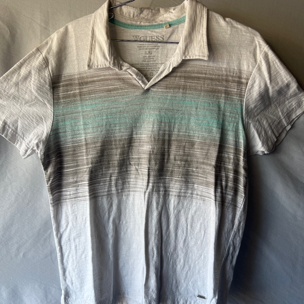 Guess White Polo Shirt w/ Gray & Baby Blue Horizontal Scratch Design